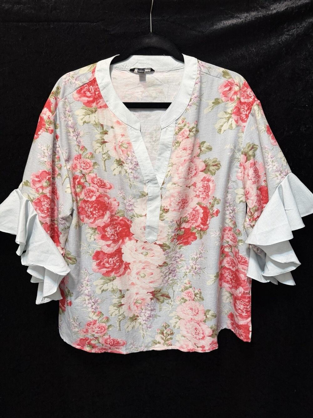 ShallWe Women’s Blue Floral V-Neck Blouse Sz L 3/4 Ruffled Bell Sleeves Fairy